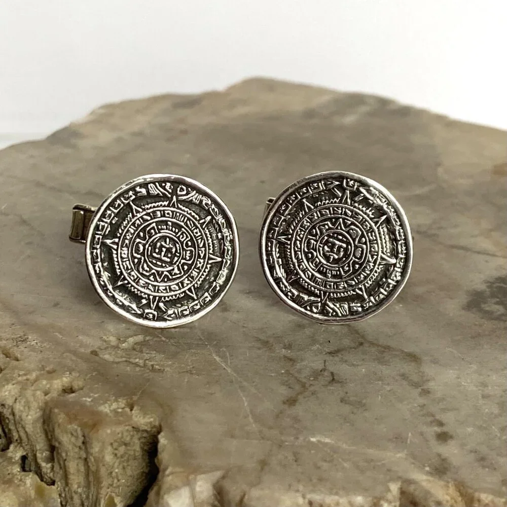 VTG Taxco Mexico Sterling Silver 925 Alpaca Aztec Mayan Calendar CuffLinks